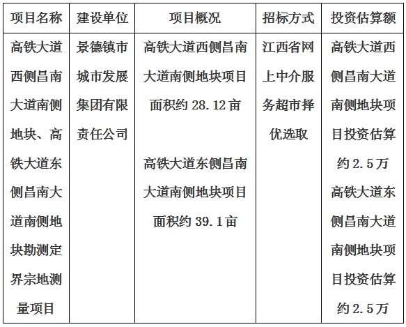 景德鎮(zhèn)市高鐵大道西側(cè)昌南大道南側(cè)地塊、高鐵大道東側(cè)昌南大道南側(cè)地塊勘測定界宗地測量項目計劃公告
