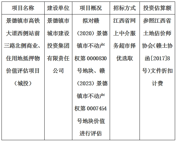 景德鎮(zhèn)市高鐵大道西側(cè)站前三路北側(cè)商業(yè)、住用地抵押物價(jià)值評(píng)估單位選取計(jì)劃公告