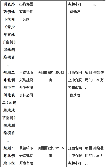 景德鎮(zhèn)市昌南新區(qū)LJ1-03-A01-1地塊、瓷都大道東側(cè)中渡口地下空間（格蘭云天大酒店地下空間）、光明大道北側(cè)利民路西側(cè)地下空間（青少年宮地下空間）、規(guī)劃二路北側(cè)地下空間地塊二（加速基地地下空間）、規(guī)劃二路北側(cè)地下空間地塊一（加速基地地下空間）、景德大道南側(cè)天寶橋西側(cè)地塊、景興大道東側(cè)如意路北側(cè)地下空間(社會公共服務(wù)