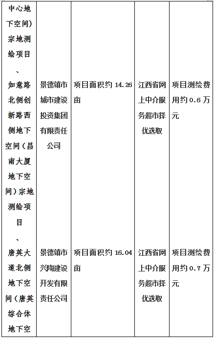 景德鎮(zhèn)市昌南新區(qū)LJ1-03-A01-1地塊、瓷都大道東側(cè)中渡口地下空間（格蘭云天大酒店地下空間）、光明大道北側(cè)利民路西側(cè)地下空間（青少年宮地下空間）、規(guī)劃二路北側(cè)地下空間地塊二（加速基地地下空間）、規(guī)劃二路北側(cè)地下空間地塊一（加速基地地下空間）、景德大道南側(cè)天寶橋西側(cè)地塊、景興大道東側(cè)如意路北側(cè)地下空間(社會公共服務(wù)