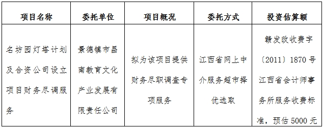 名坊園燈塔計劃及合資公司設(shè)立項目財務盡調(diào)服務計劃公告