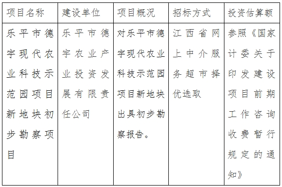 樂平德宇公司現(xiàn)代農(nóng)業(yè)科技示范園項(xiàng)目新地塊初步勘察項(xiàng)目計(jì)劃公告