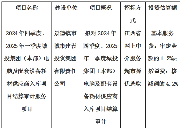 2024年四季度、2025年一季度城投集團（本部）電腦及配套設(shè)備耗材供應(yīng)商入庫項目結(jié)算審計服務(wù)項目計劃公告
