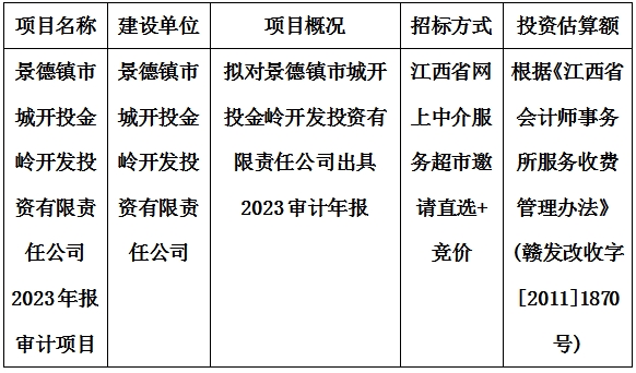 景德鎮(zhèn)市城開(kāi)投金嶺開(kāi)發(fā)投資有限責(zé)任公司2023年報(bào)審計(jì)項(xiàng)目計(jì)劃公告